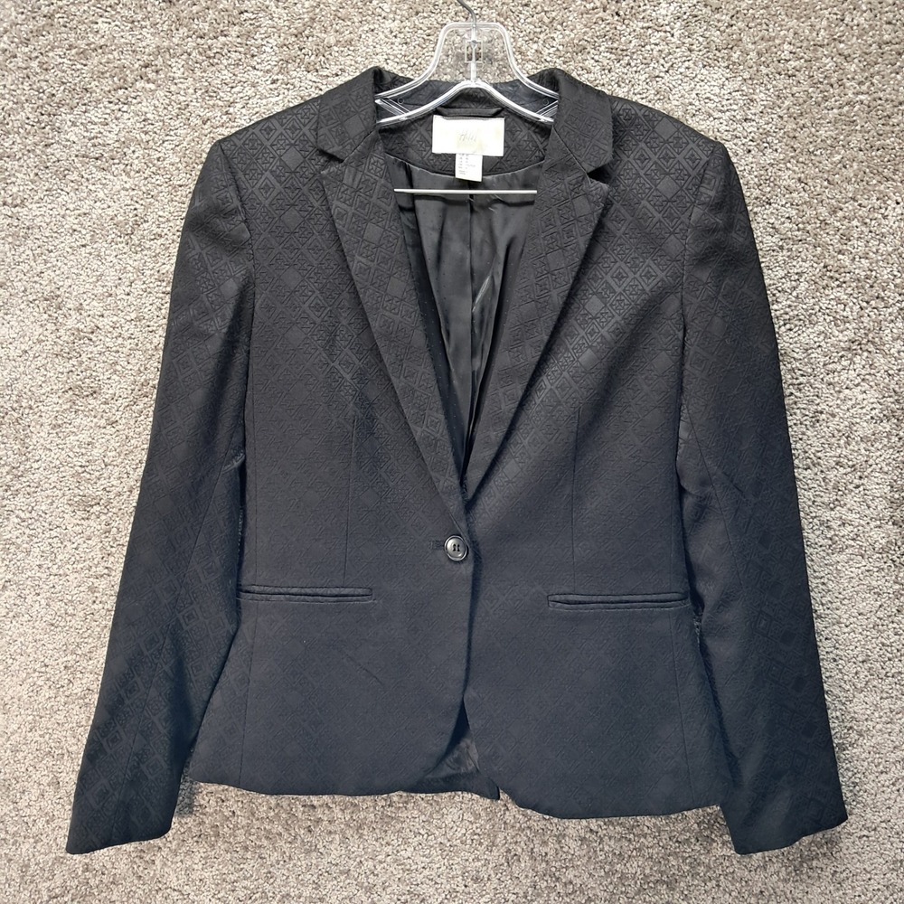 HM Womens Black Textured Geometric Jacquard Single Button Blazer Size 10